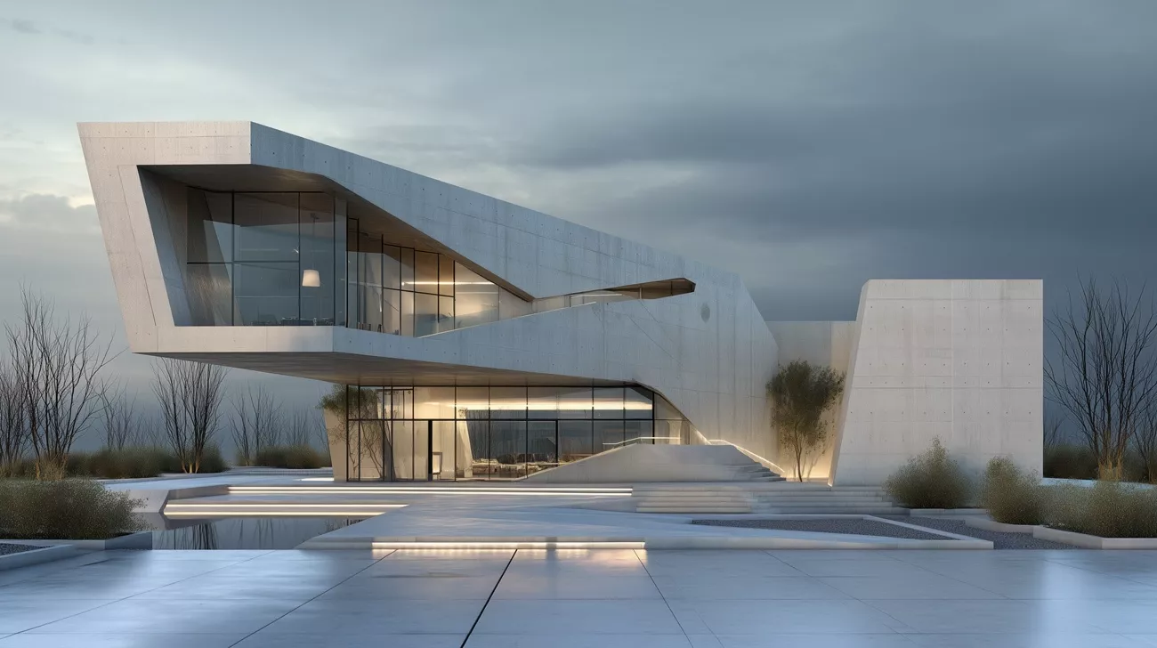 Modern concrete villa under a grey sky