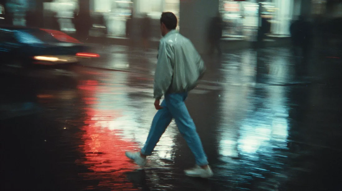 Man walking through a rainy street at night