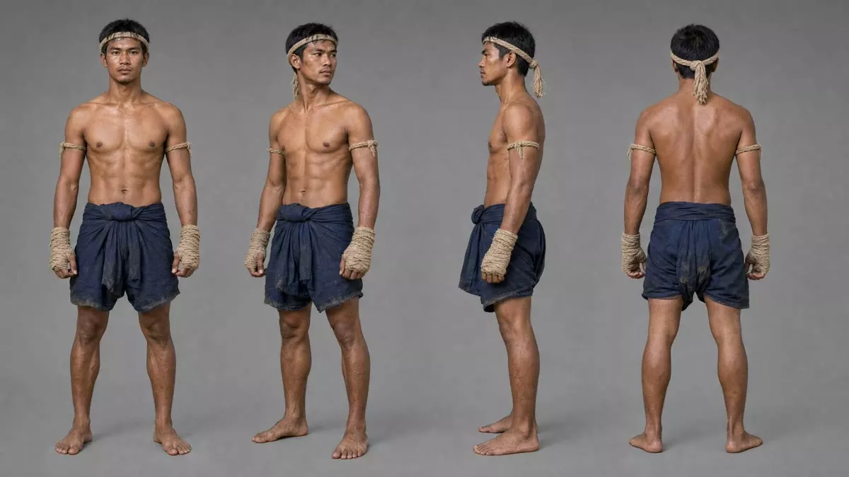 Character turnaround sheet of a young Muay Thai fighter